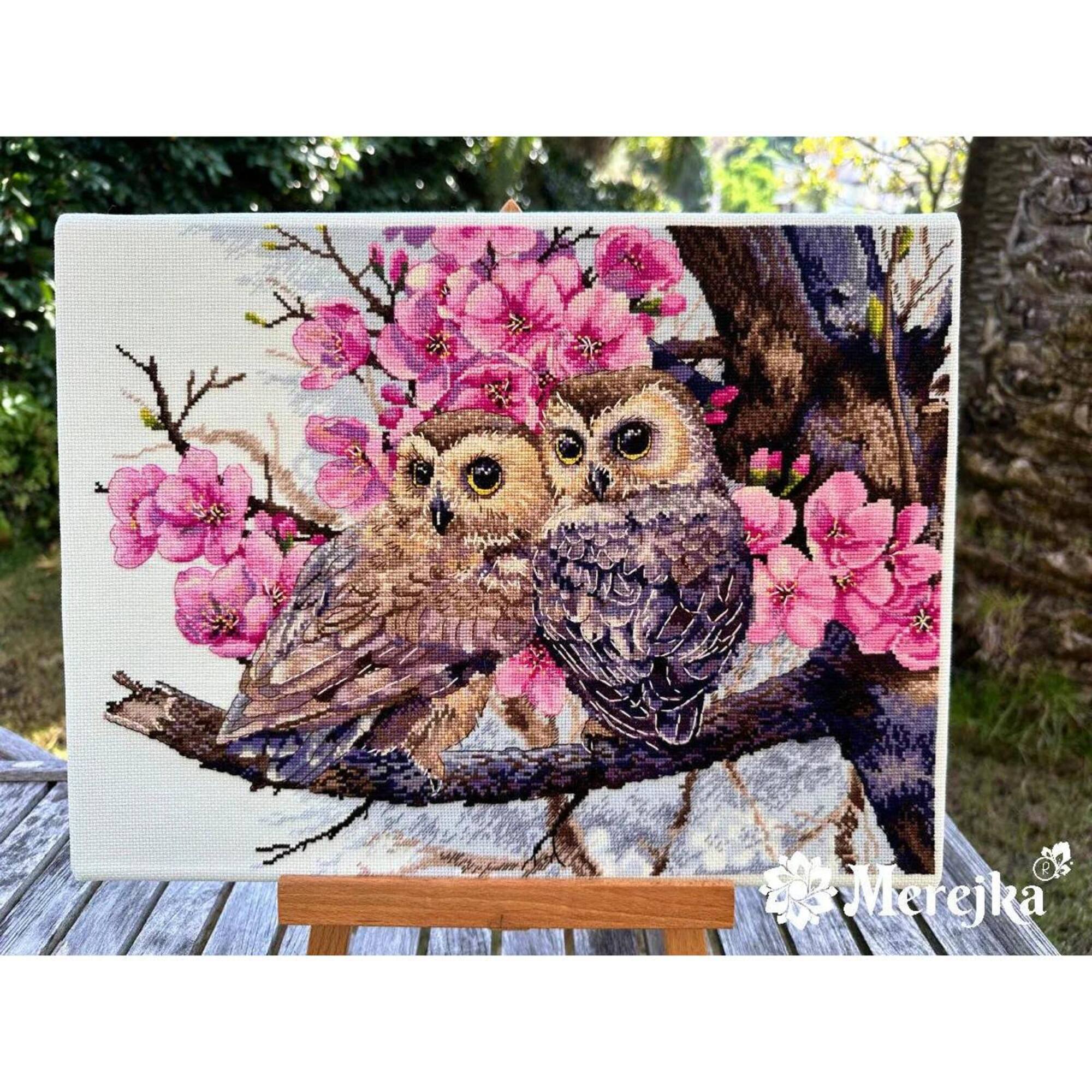 Merejka® Two Owls in Spring Blossom Counted Cross Stitch Kit